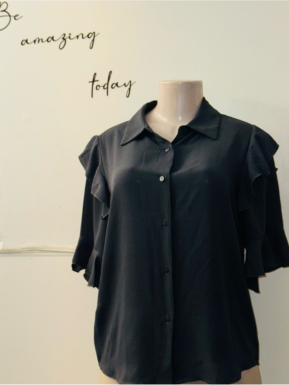 Black Ruffle Sleeve Button-Front Women's Top
